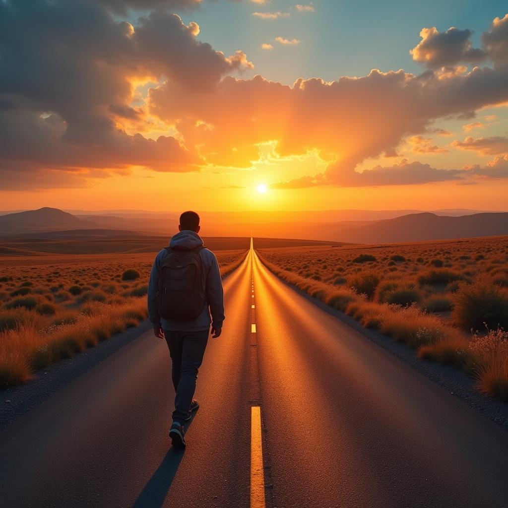 A person walks down an open road towards a bright sunrise, symbolizing new beginnings and embracing independence.