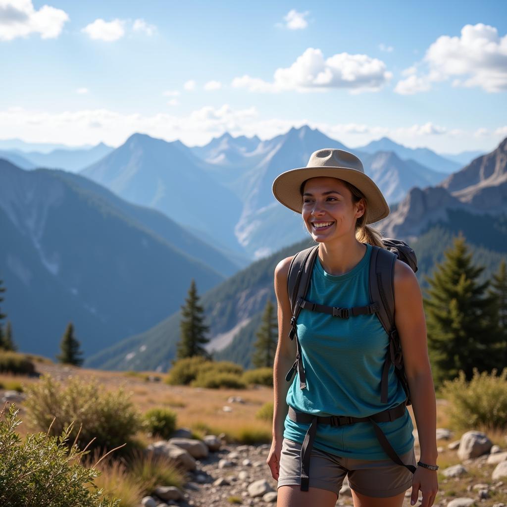 Image depicting a person smiling while hiking up a mountain, symbolizing the journey of life and the importance of maintaining a positive attitude.