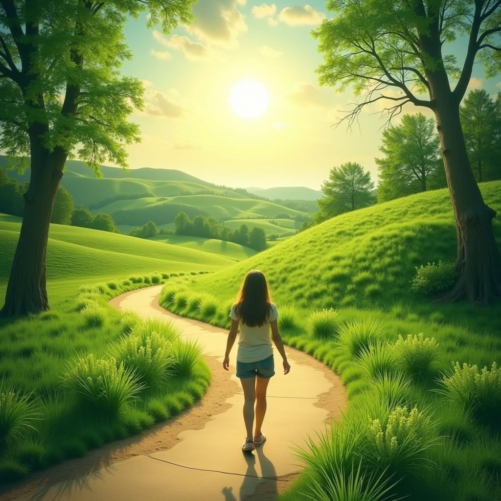 Embracing Emotional Healing: A person walking serenely on a path through a beautiful natural landscape.