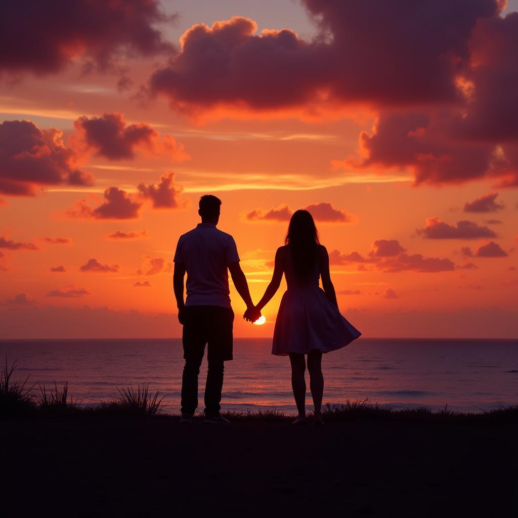 A couple enjoying a romantic sunset together, holding hands and looking out at the horizon.