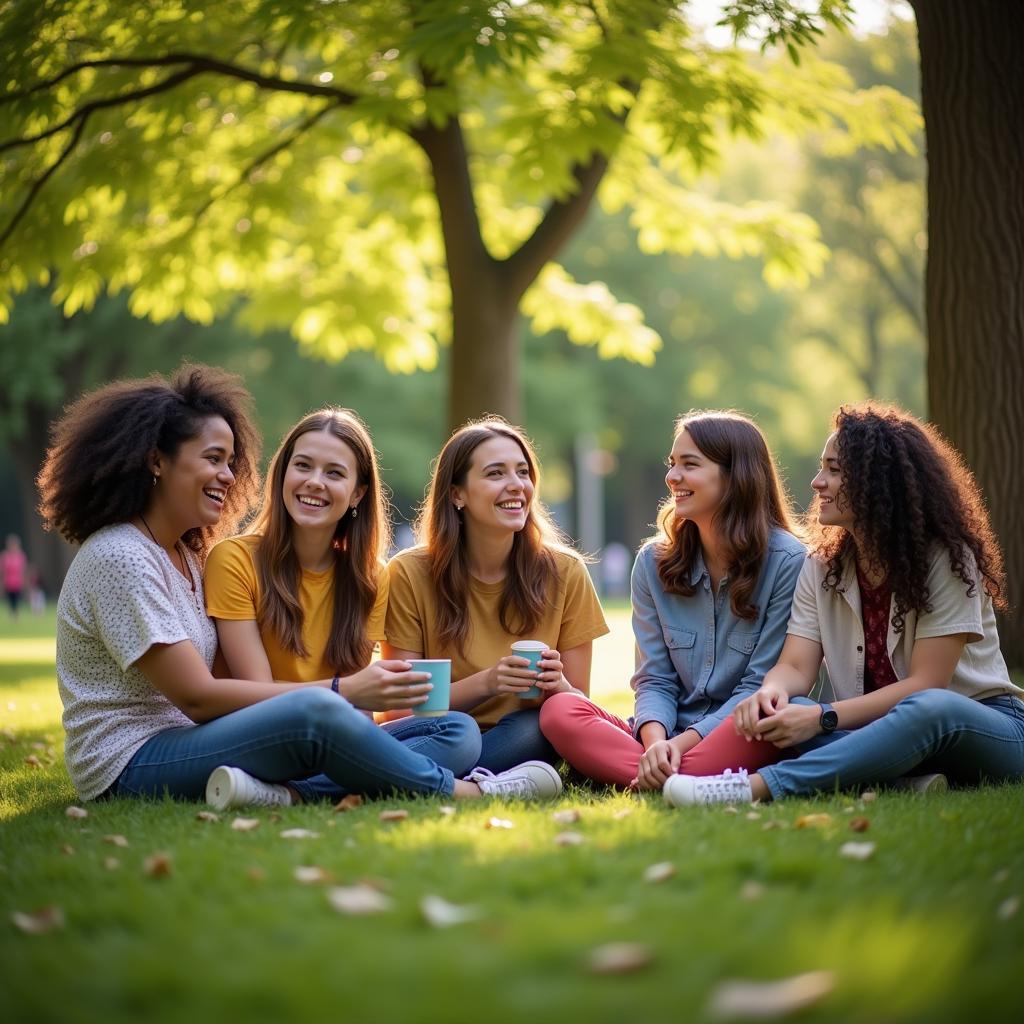 Friends enjoying time together, laughing and sharing moments, illustrated with colorful and vibrant imagery.