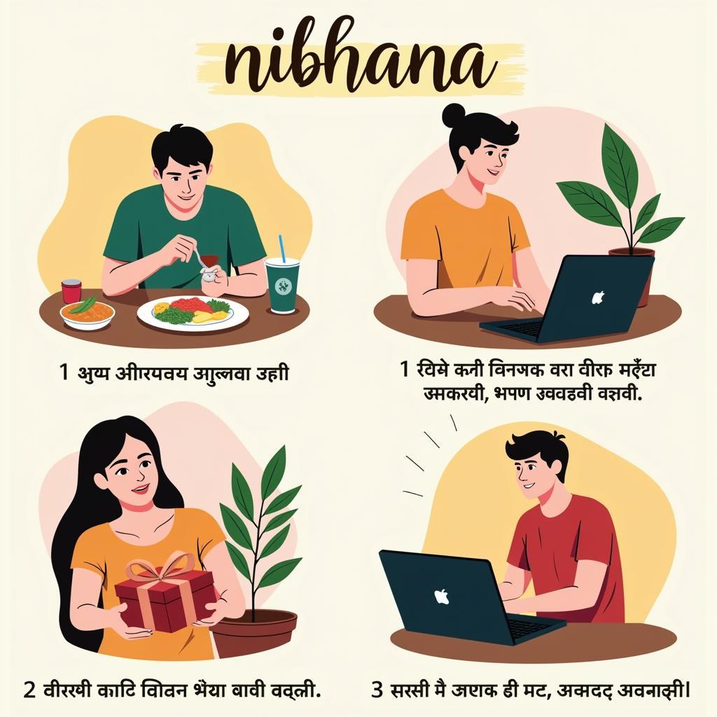 Depiction of everyday scenarios where the concept of "nibhana" is applied in Marathi conversations.