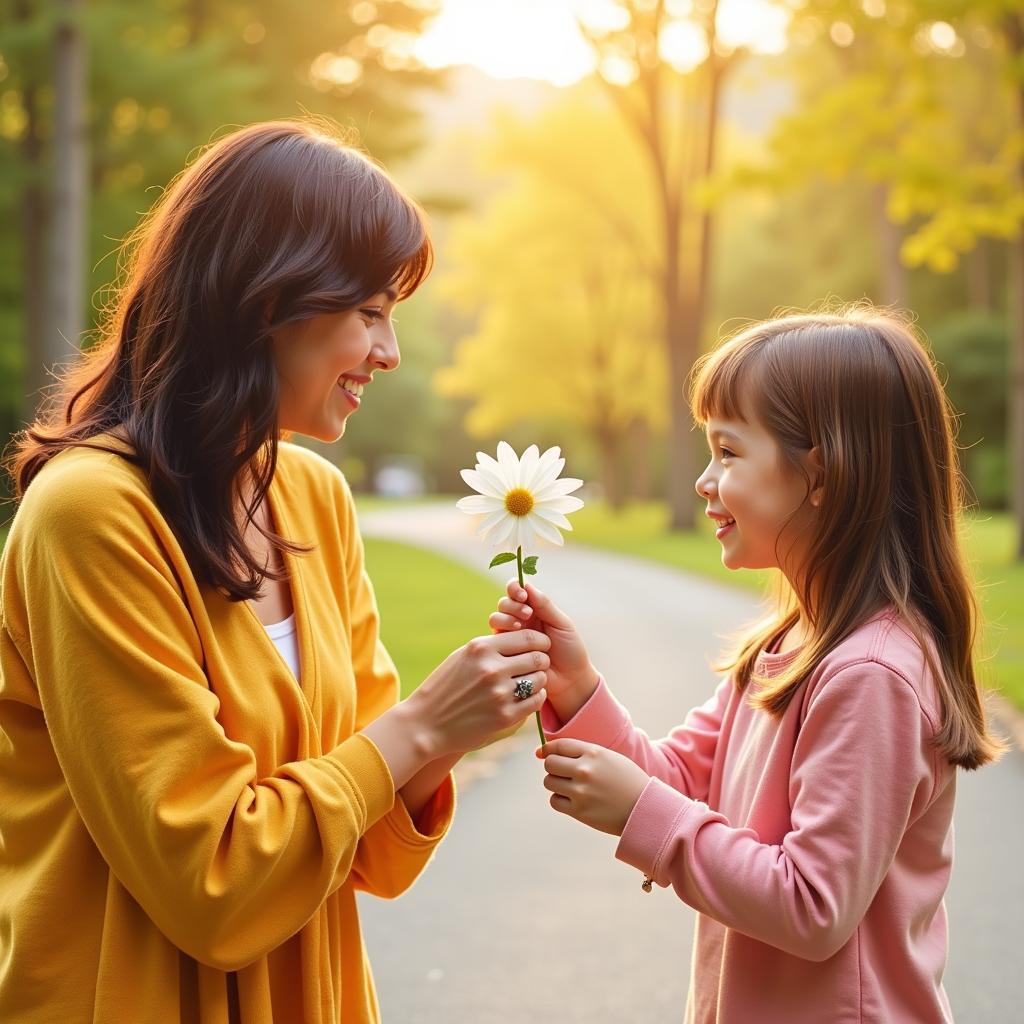 A child presenting a flower to their mother