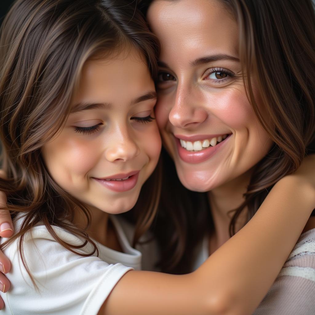 A young woman hugging her mother tightly, both smiling warmly.