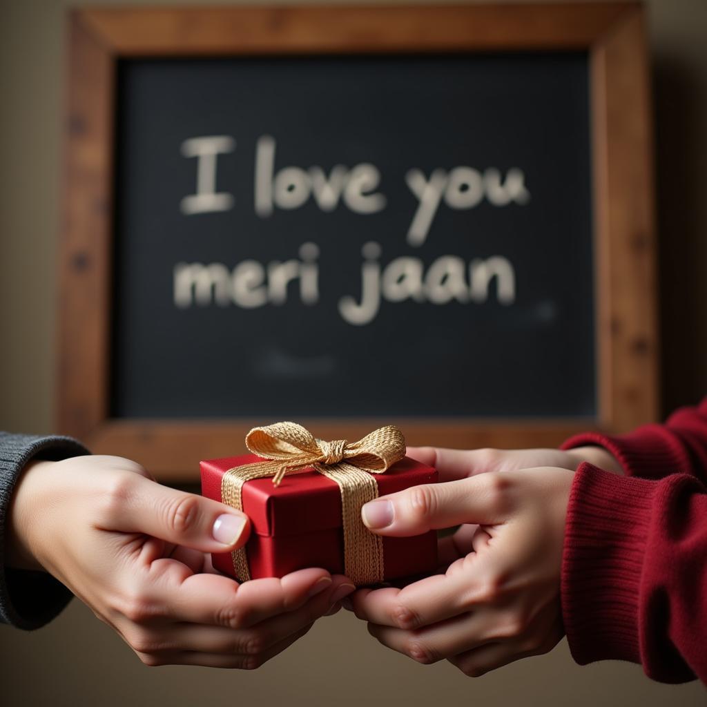 A person giving a gift to their loved one, with the phrase "I love you meri jaan" subtly displayed in the background.