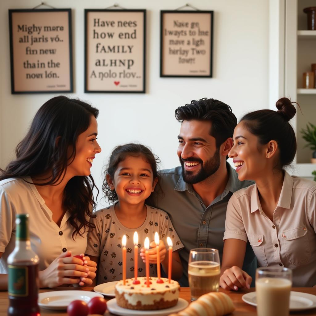 Family Celebration with Hindi Quotes in the Background