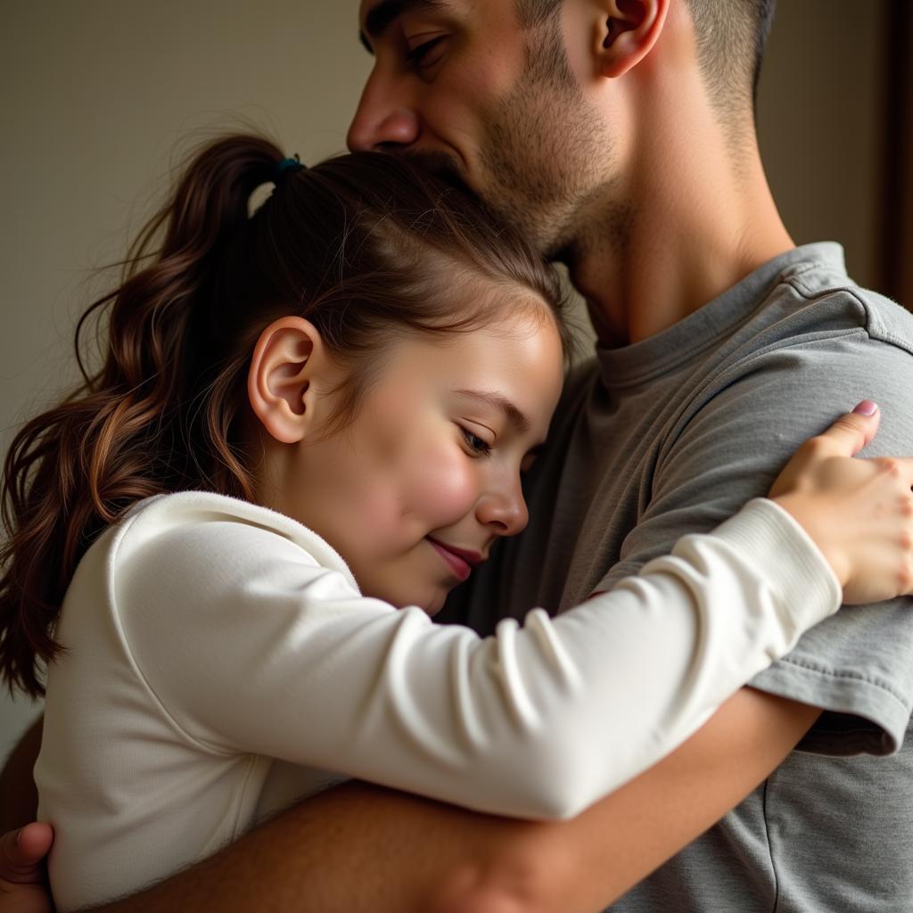 A father and daughter embracing in a warm hug.