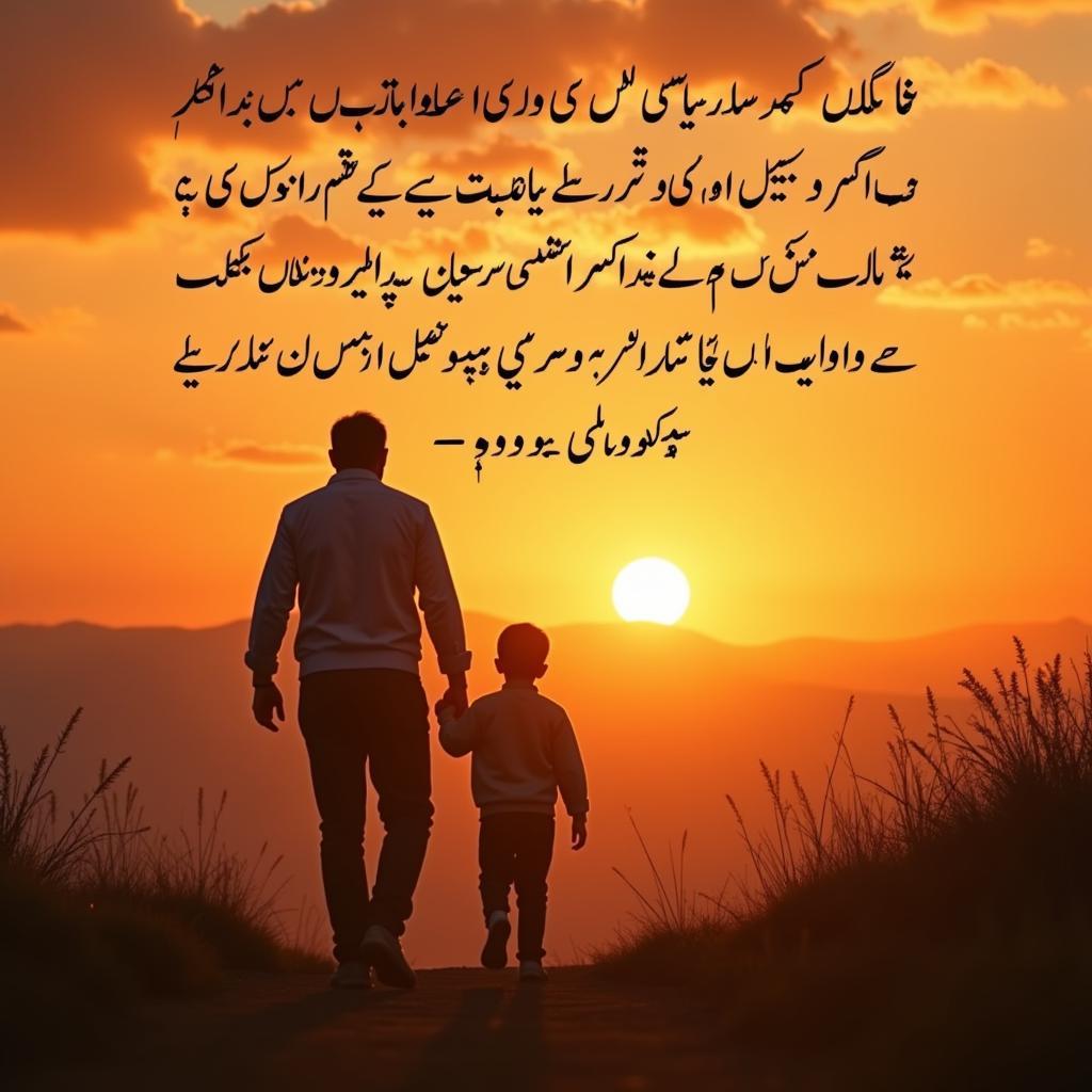 A father and son holding hands, walking towards the sunset with Urdu calligraphy overlaid