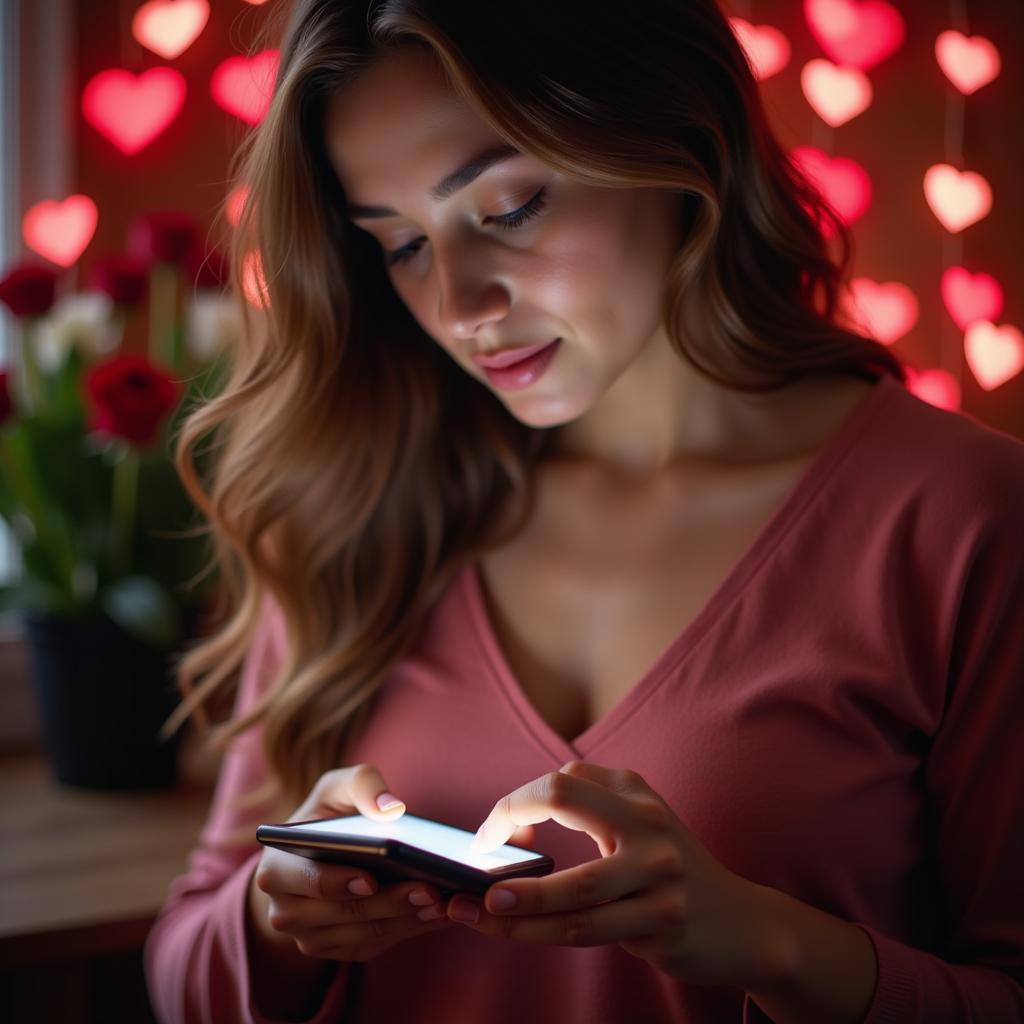 A person searching for shayari on a phone, with a blurred background of romantic imagery like hearts and flowers.