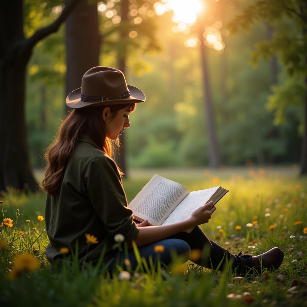 A person reading a book of poetry under a tree, finding peace and comfort.