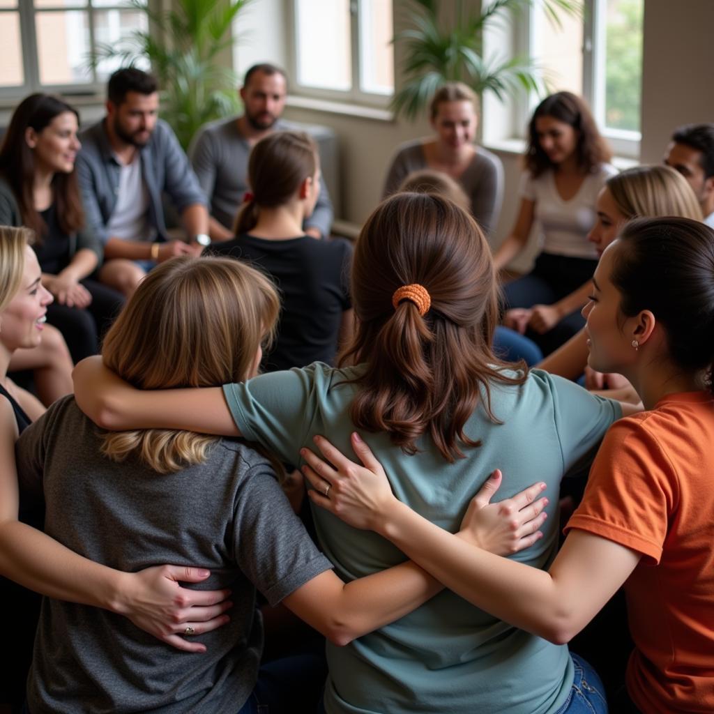 A group of people sitting together, offering comfort and support to each other, symbolizing the power of shared experience and human connection.