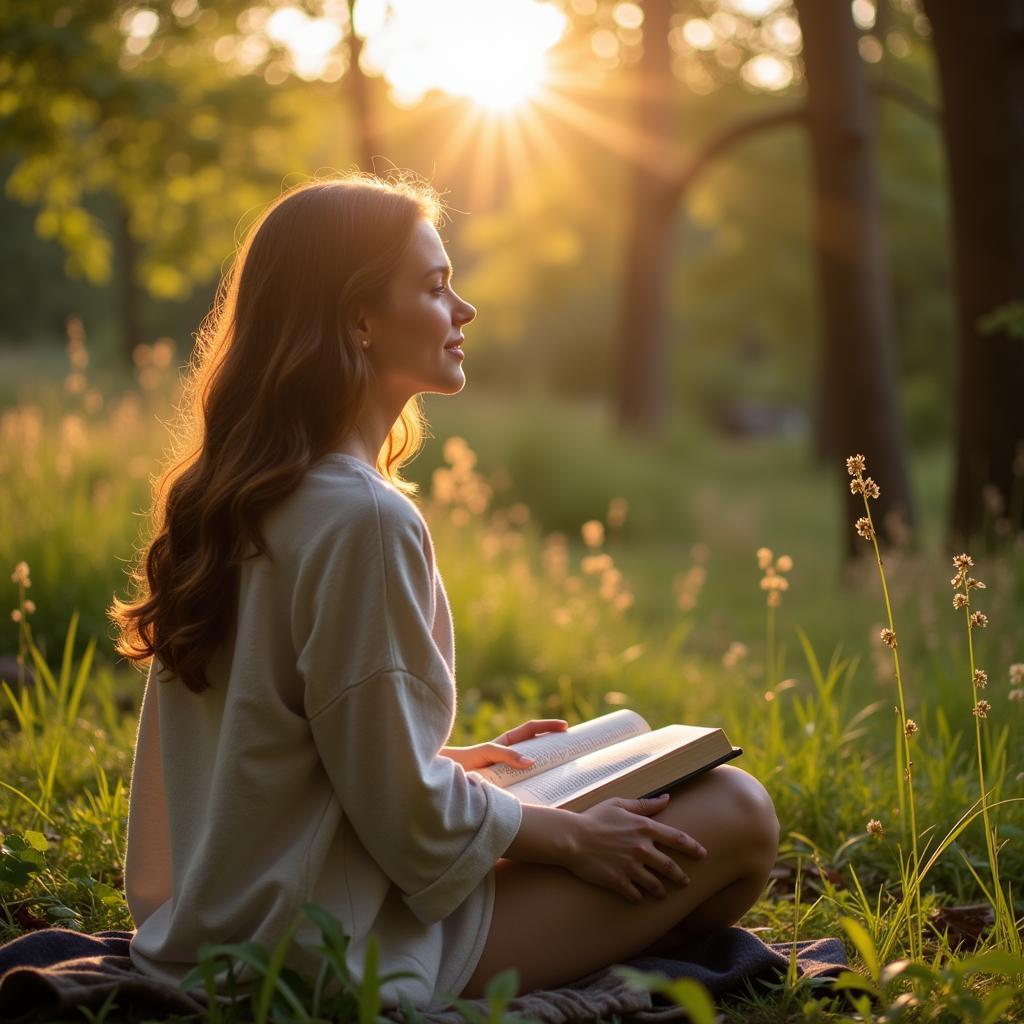 Image showing a person finding solace and happiness in nature, emphasizing the importance of values beyond material wealth