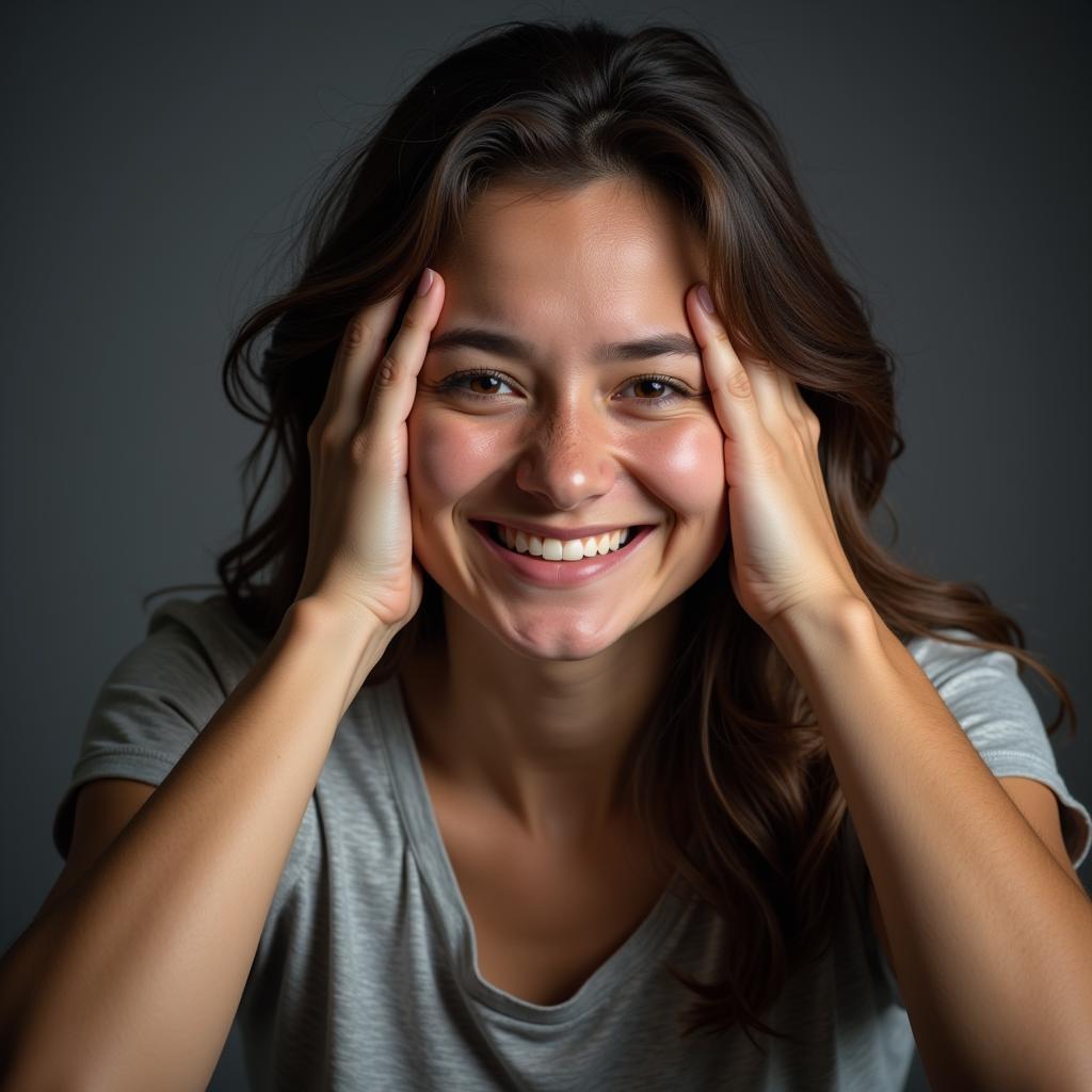 A person wearing a forced smile, looking exhausted and overwhelmed.