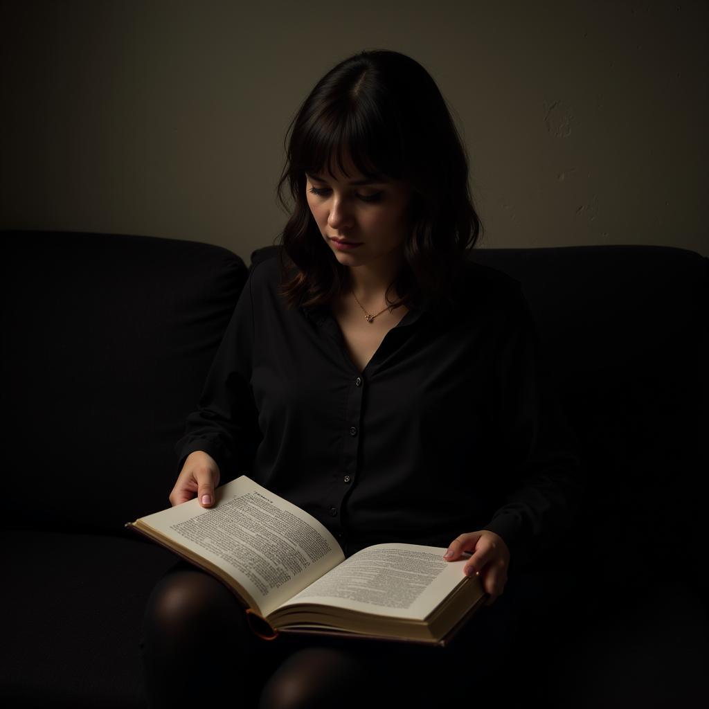 Woman reading poetry with a melancholic expression