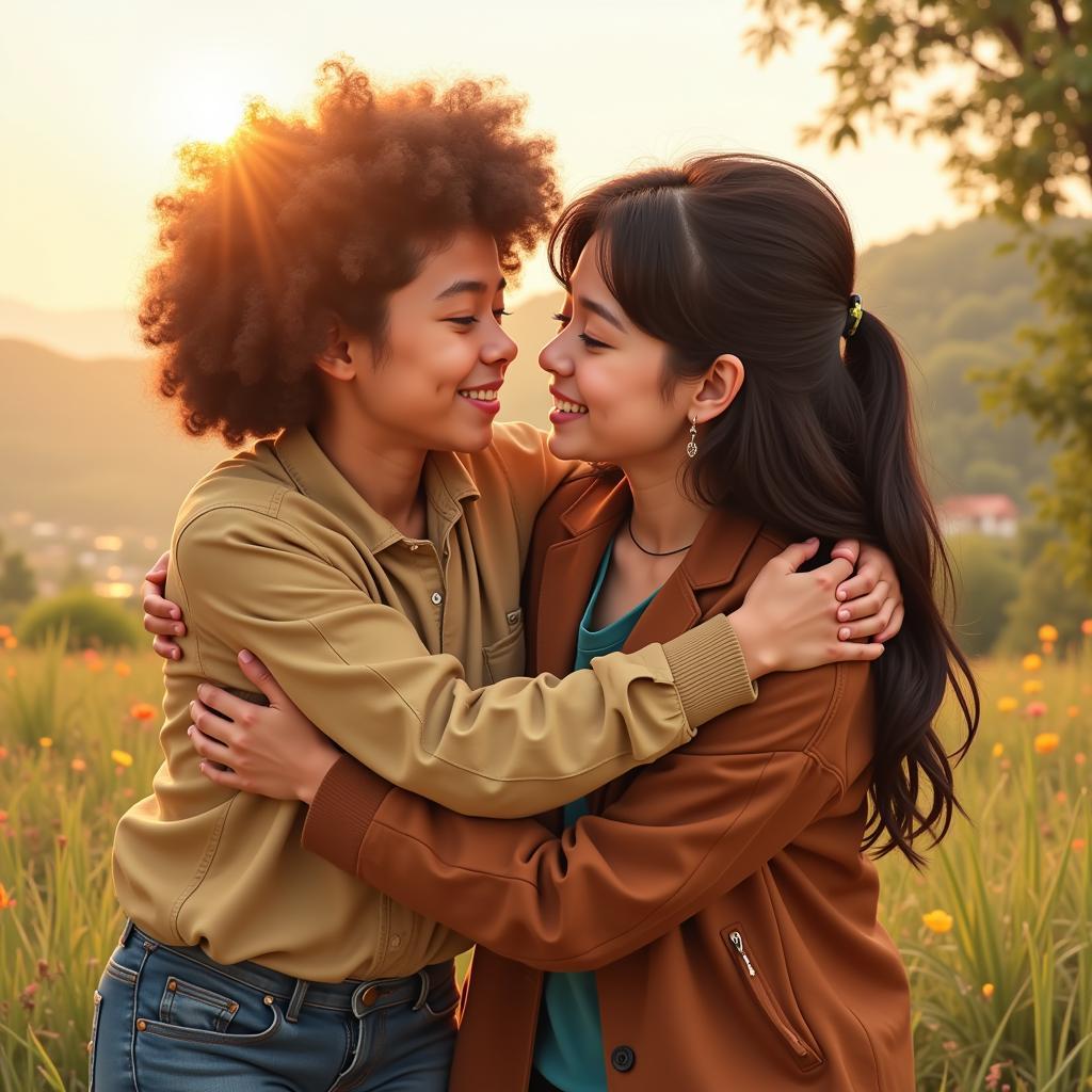 Two friends hugging after reconciling