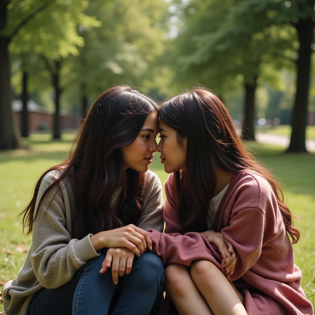 Two friends sitting together, sharing secrets and confiding in each other.