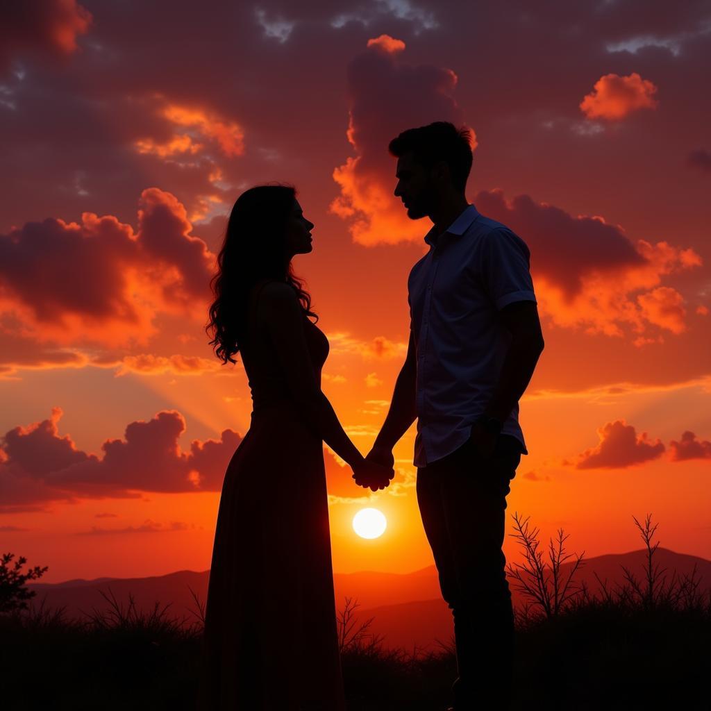 Silhouette of lovers against a sunset backdrop