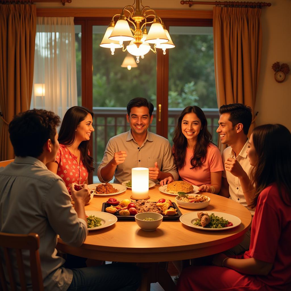 Family members playfully roasting each other during a meal.