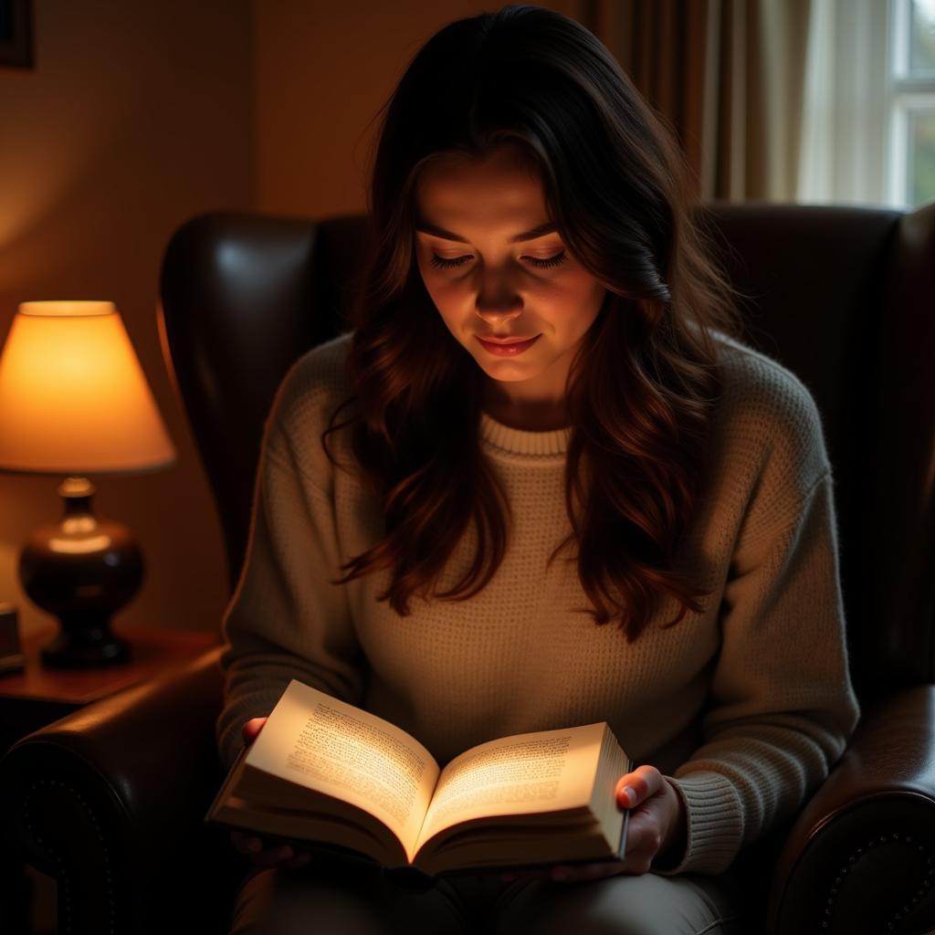 A young woman engrossed in a book of shayari, her face illuminated by the soft glow of a lamp.