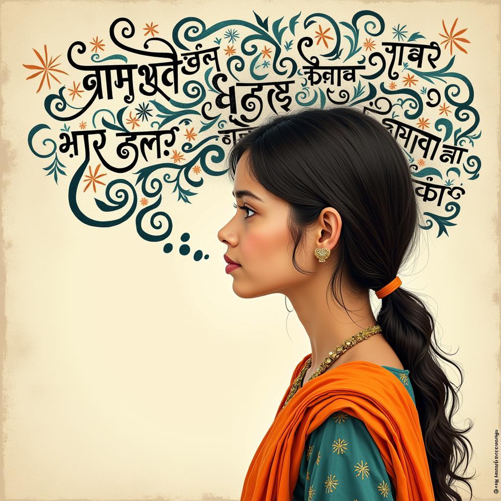 A young woman contemplating, surrounded by Hindi script.