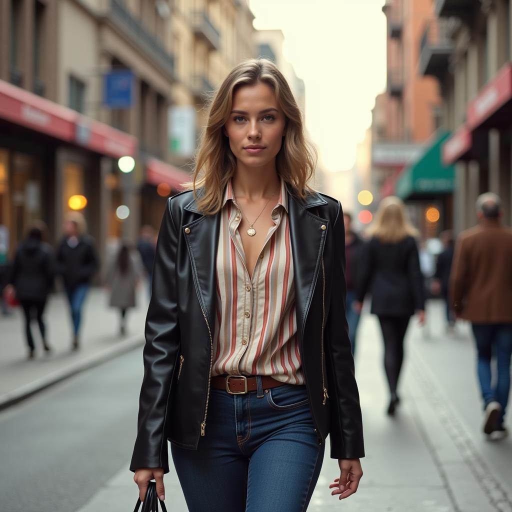 Girl walking confidently down a city street