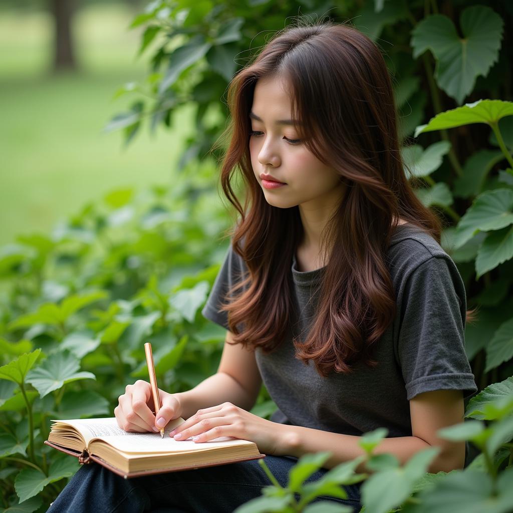 A young woman writing shayari in a diary, surrounded by nature.