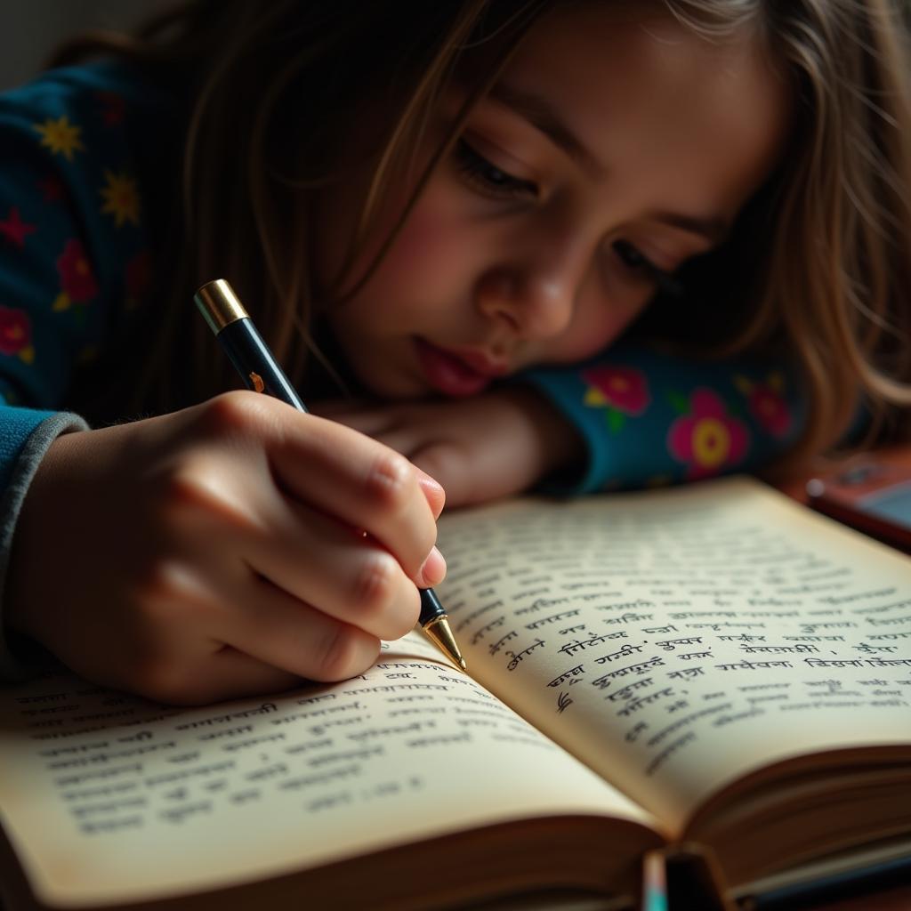 A girl writing in her diary in Hindi script, expressing her innermost thoughts.