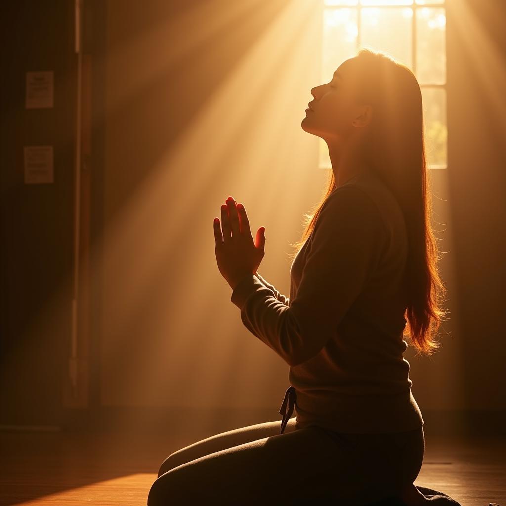 Image showcasing a person praying with hands clasped, sunlight streaming down upon them