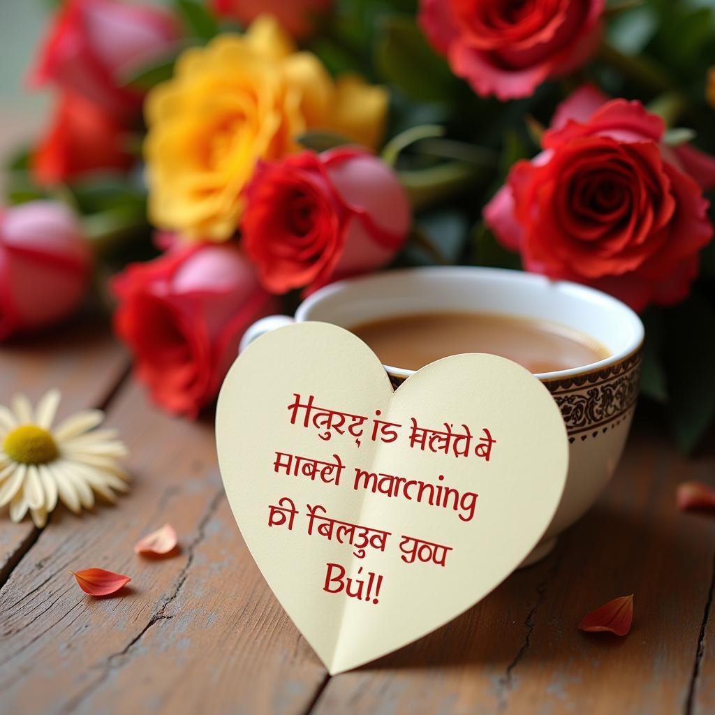 Romantic good morning quotes in Hindi for girlfriend written on a heart-shaped note with a cup of coffee and flowers in the background.