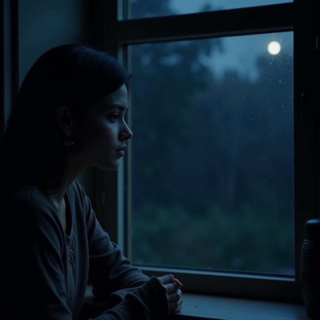 A woman sits alone, looking out a window at night, a single tear rolling down her cheek, reflecting the sadness captured in good night sad quotes in Hindi.