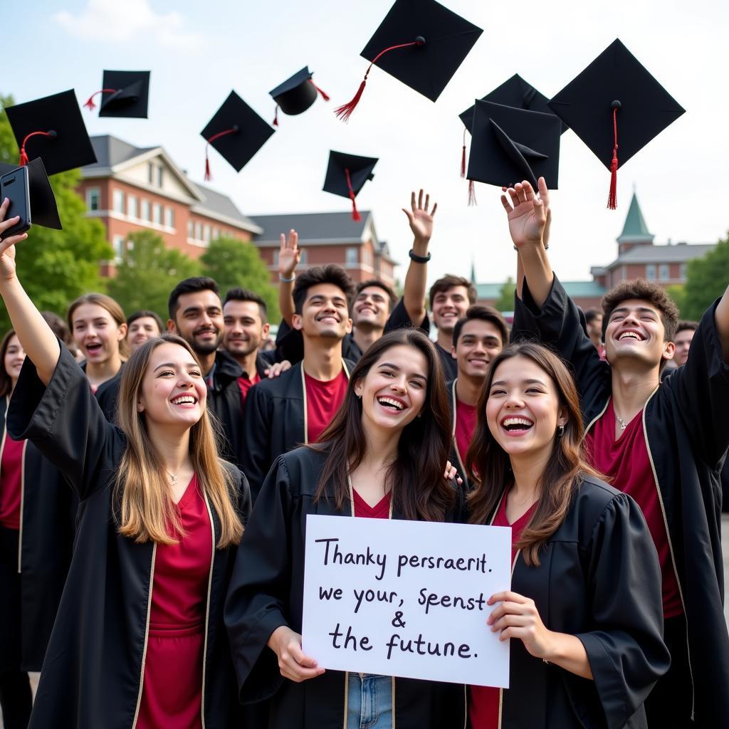 Graduating students celebrating their achievement, expressing joy and gratitude through shayari in English.