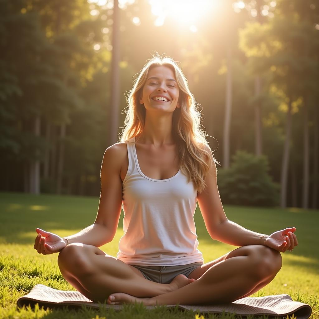 Woman meditating with a serene smile