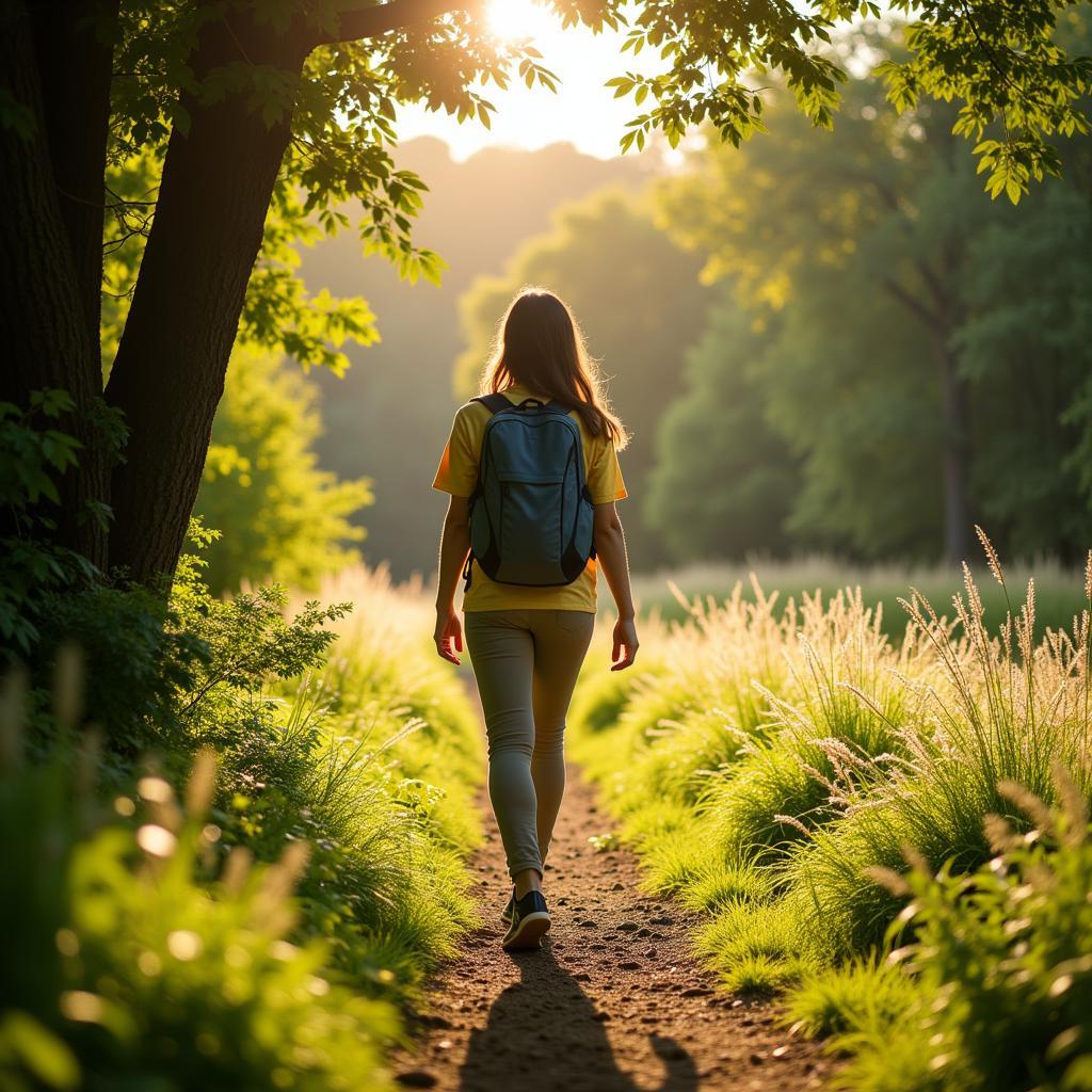 Person walking in nature, enjoying fresh air and sunshine