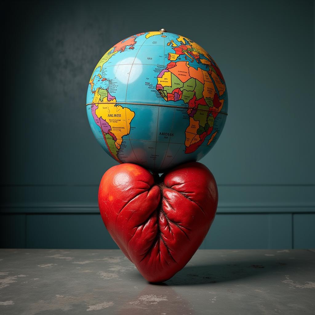 A stylized image depicting a heart being weighed down by a globe, symbolizing the burden of worldly success on emotional well-being.