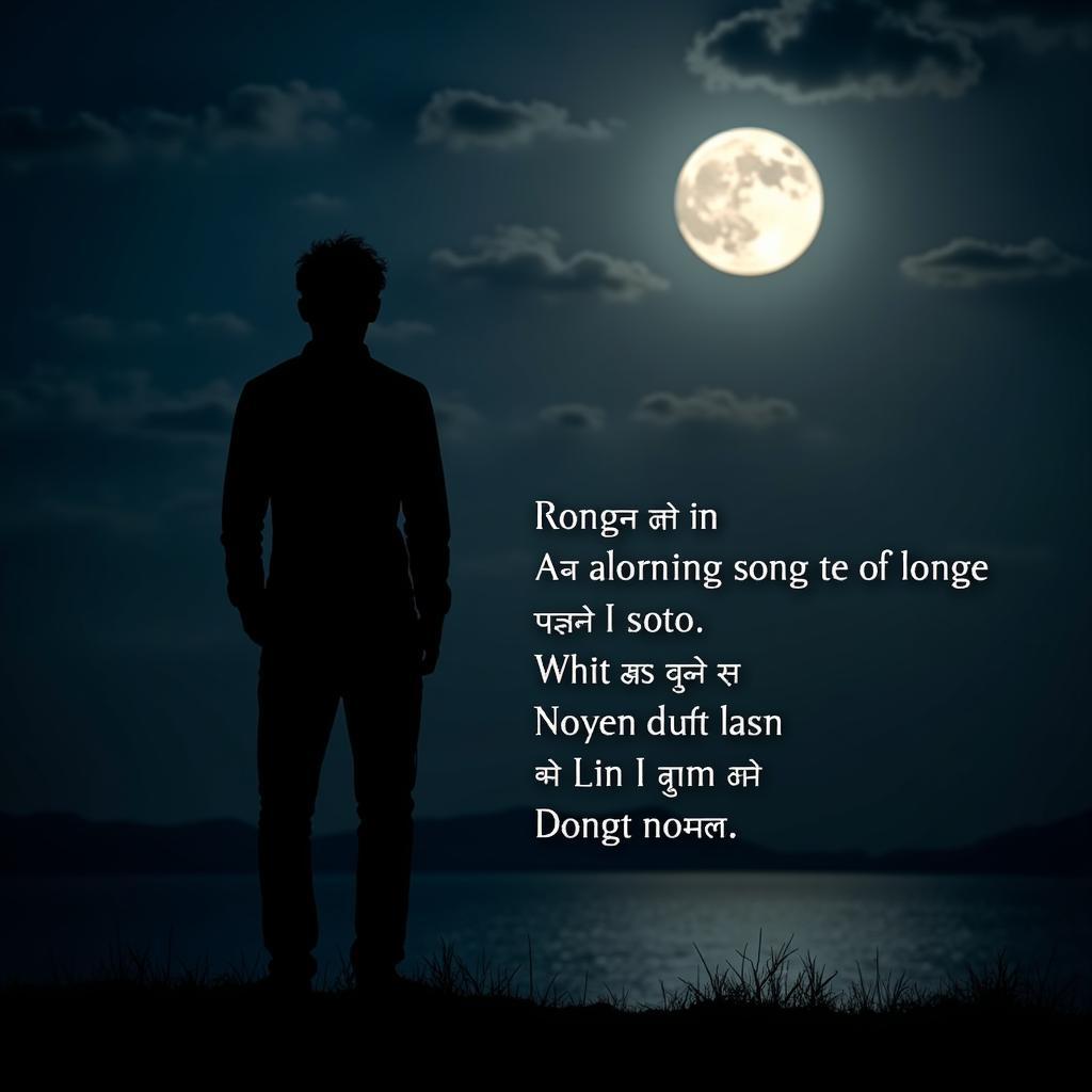 Silhouette of a lone figure gazing at the moon with Hindi shayari text