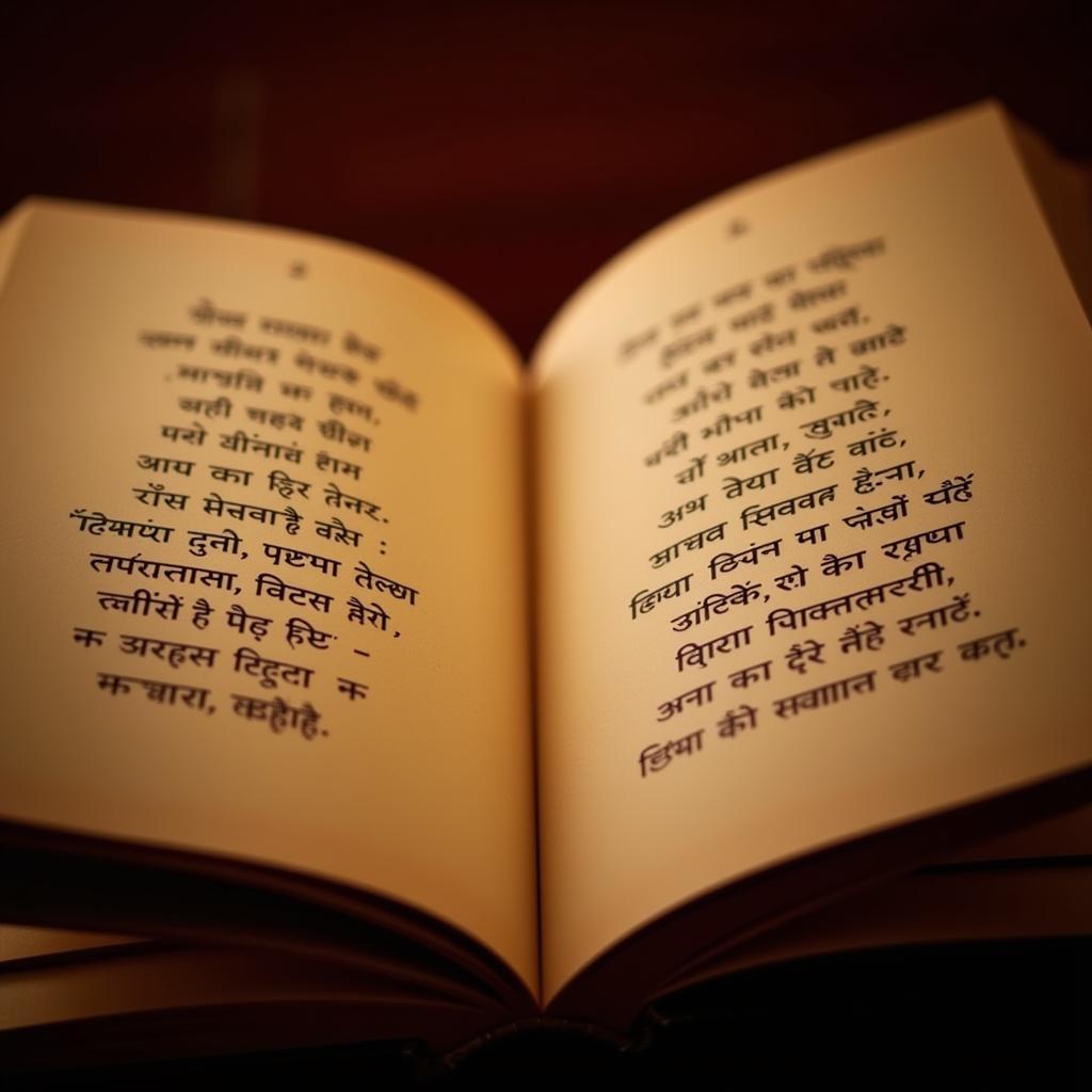 A book of Hindi love poetry, open to a page filled with romantic verses.