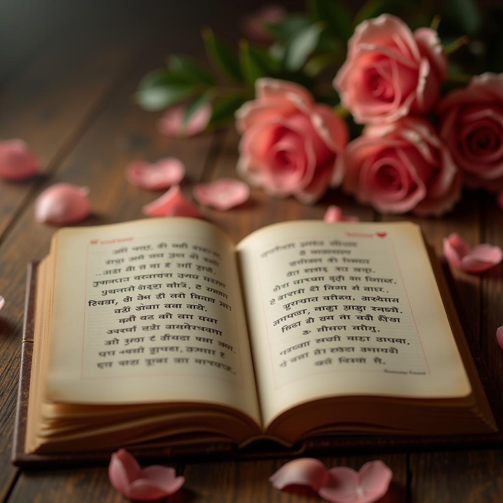 Hindi Love Quotes Book Pages: Open book displaying pages filled with Hindi love quotes, with a soft, romantic background.