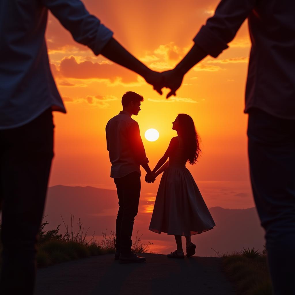 A couple holding hands, walking towards a bright sunrise, symbolizing hope and inspiration found in Hindi love quotes.