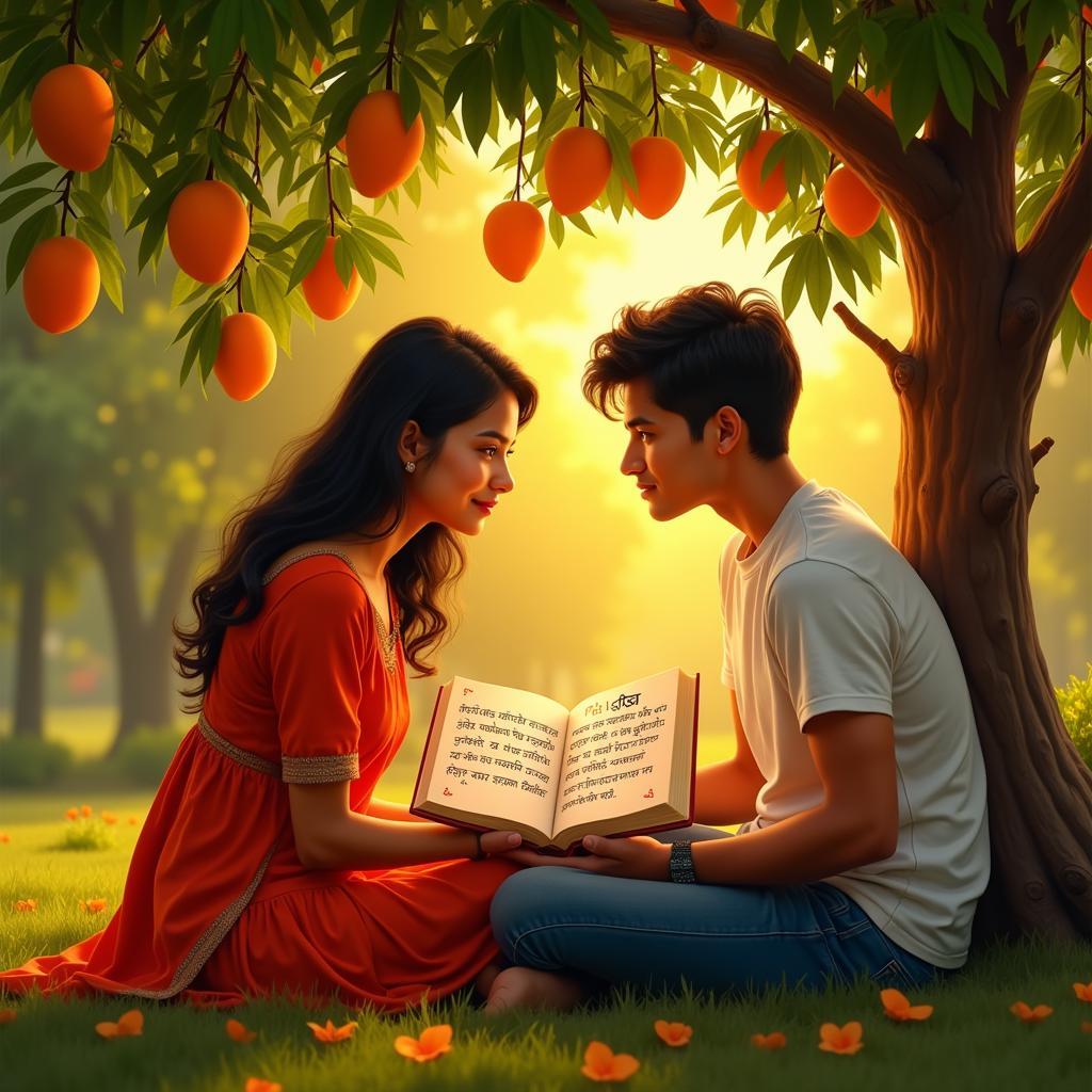 Couple Embracing under a Mango Tree Sharing Shayari