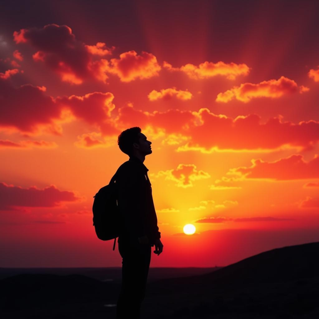 Silhouette of a person contemplating a vibrant sunset