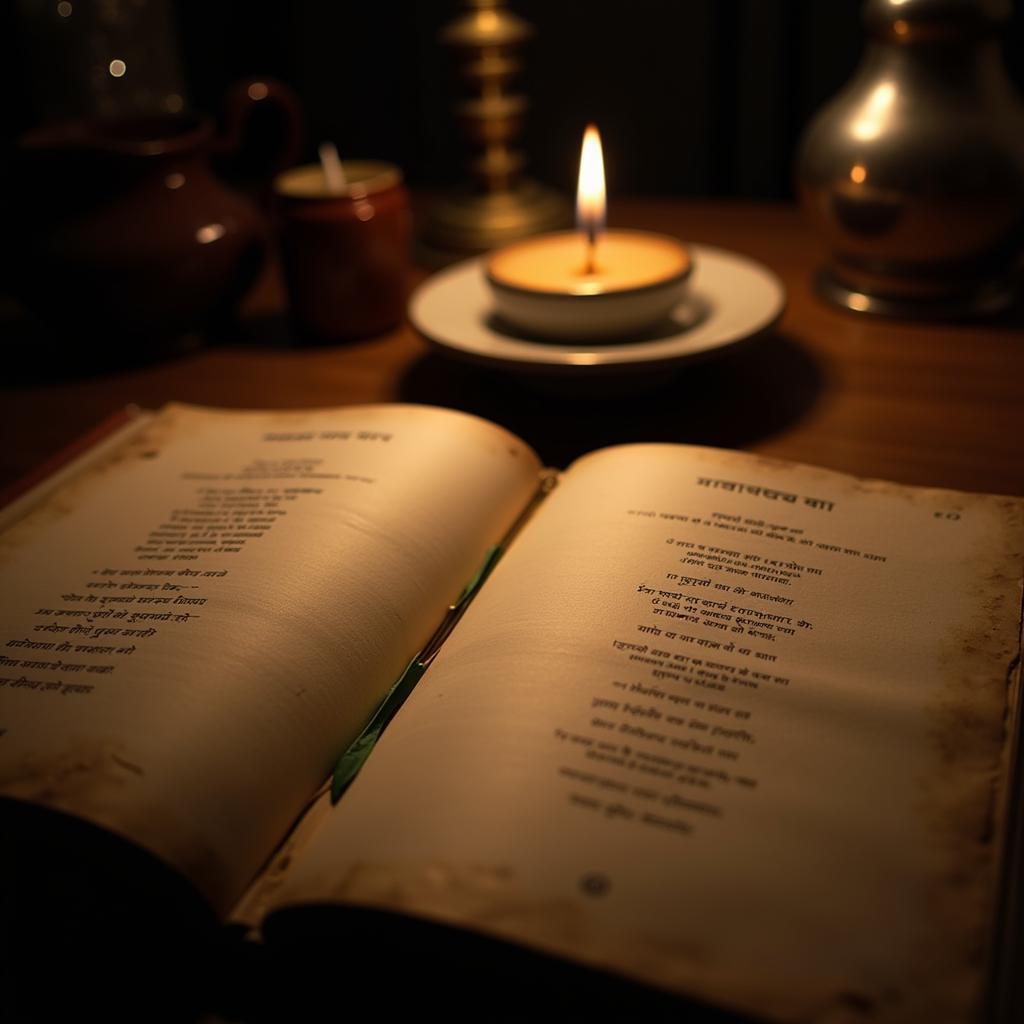 An open book of Hindi poetry with soft lighting