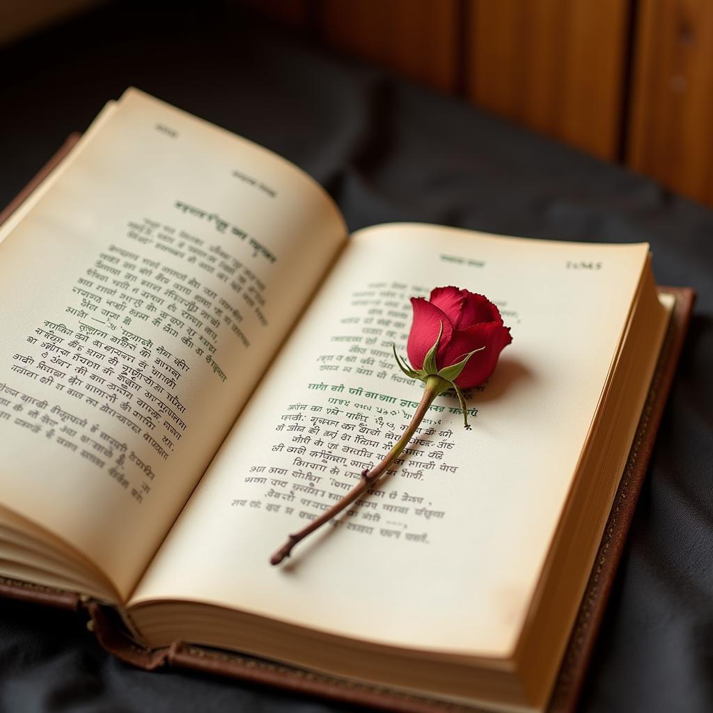 Open Book of Hindi Poetry with Dried Flower