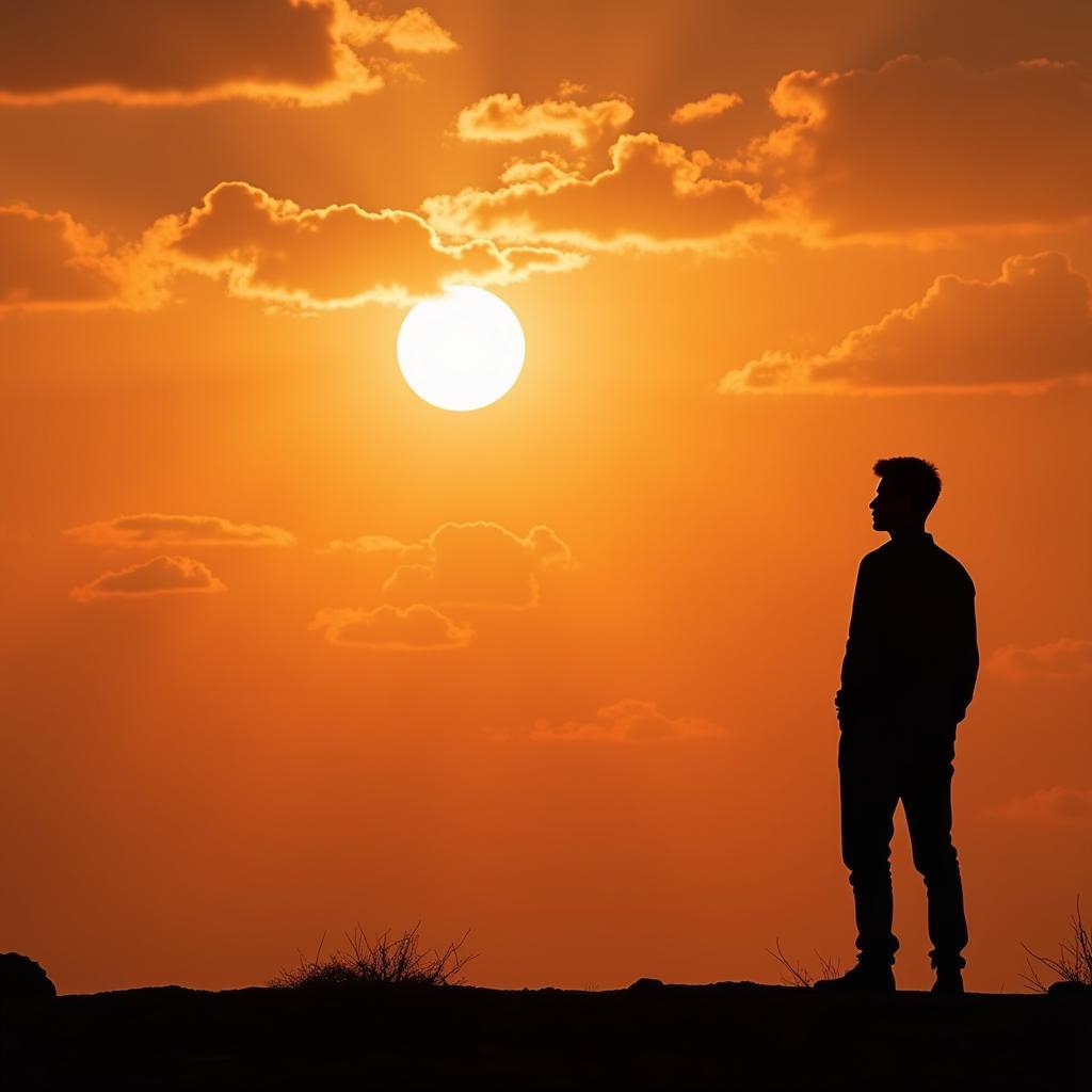 A lone figure silhouetted against a setting sun, symbolizing the sorrow and longing in a heartbreak shayari story