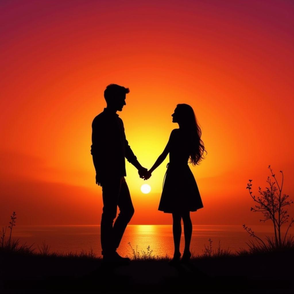 Silhouettes of a romantic couple against a sunset, symbolizing the beauty of love expressed through Hindi shayari.