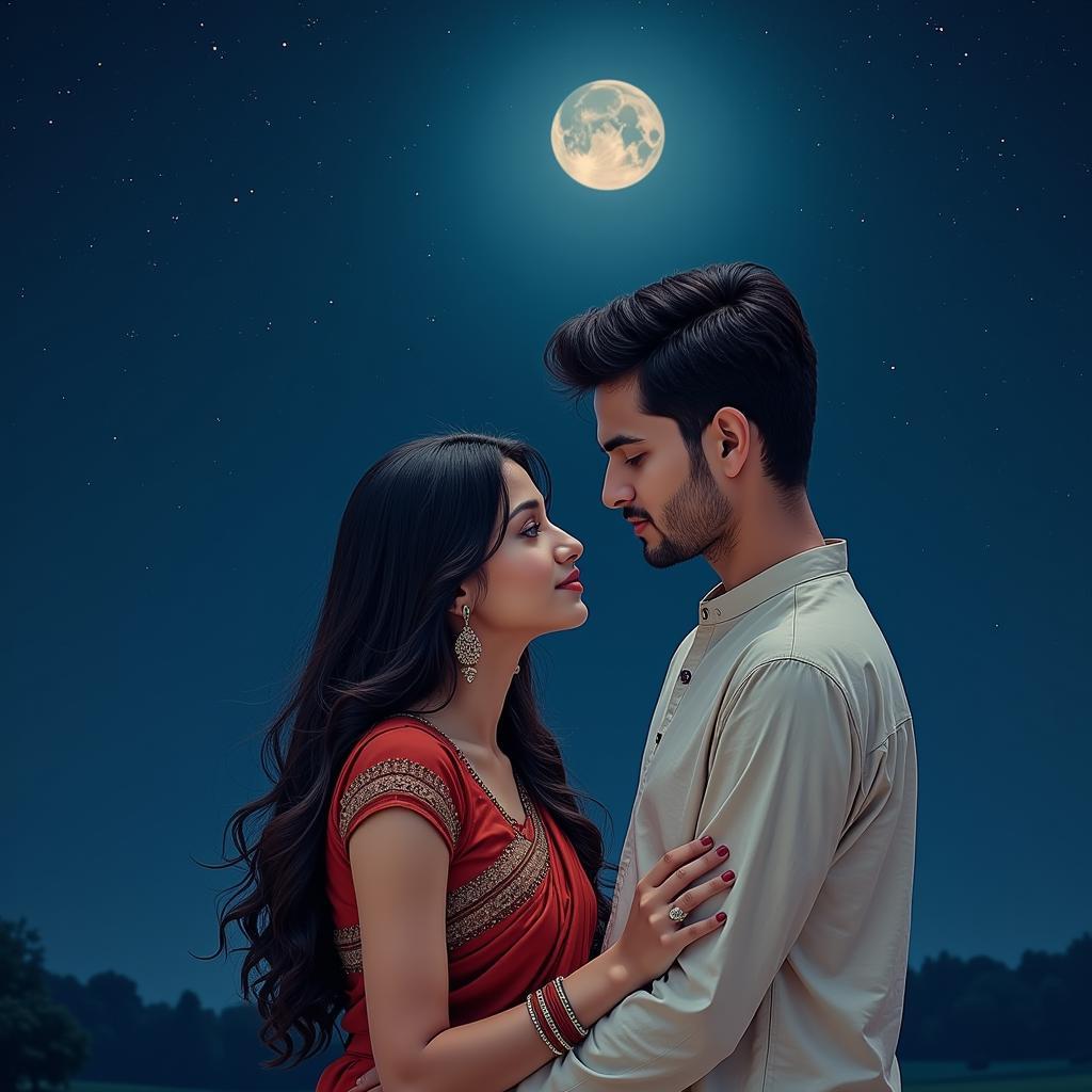 A couple embracing under a starry night, illuminated by the moon's soft glow, symbolizing a romantic Hindi shayari story