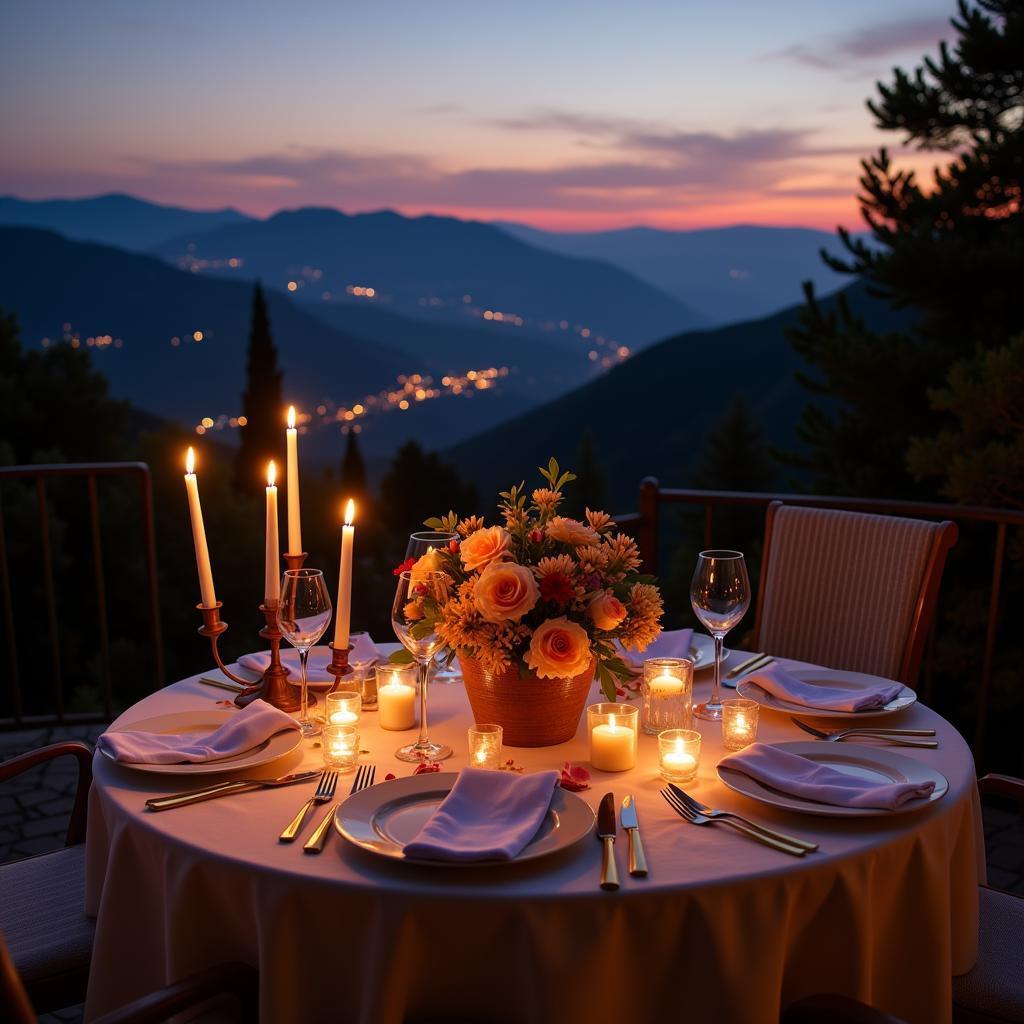 A beautifully set table with candles and flowers, overlooking a scenic view