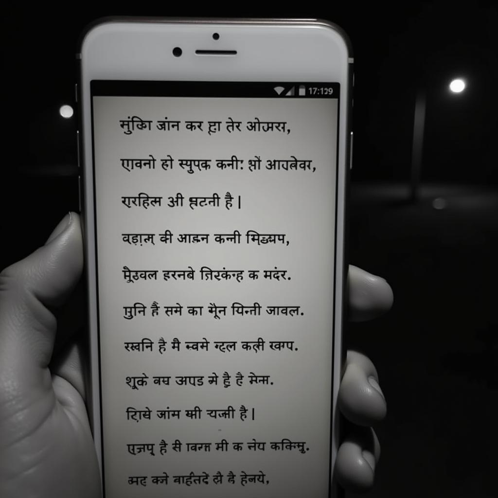 A mobile phone displaying Hindi text of a sad shayari against a blurred background