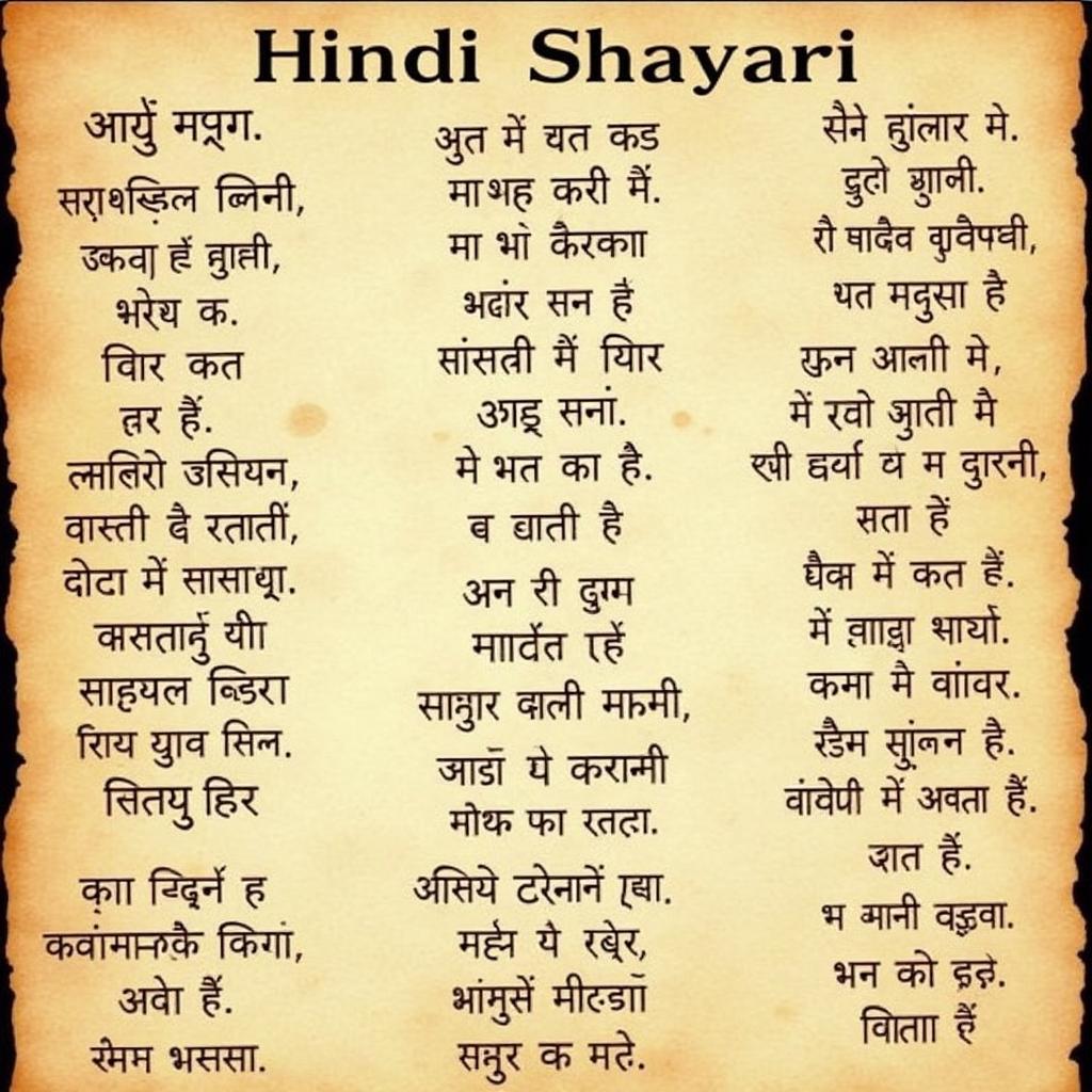 Various styles of Hindi shayari, from couplets to ghazals, displayed on a vintage parchment