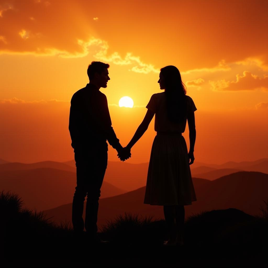 Silhouetted couple watching sunset, symbolizing romantic love