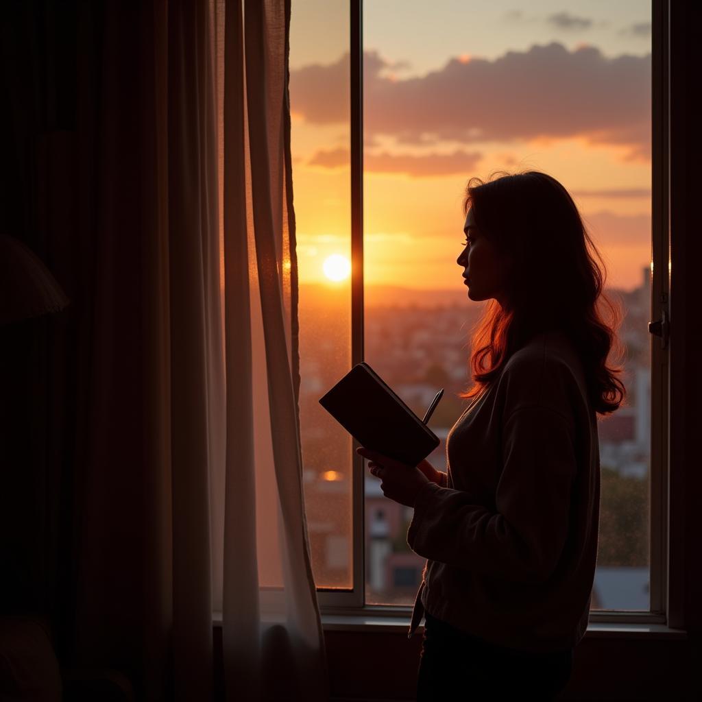 A pensive woman looking out a window, contemplating hurt sad quotes in Hindi.